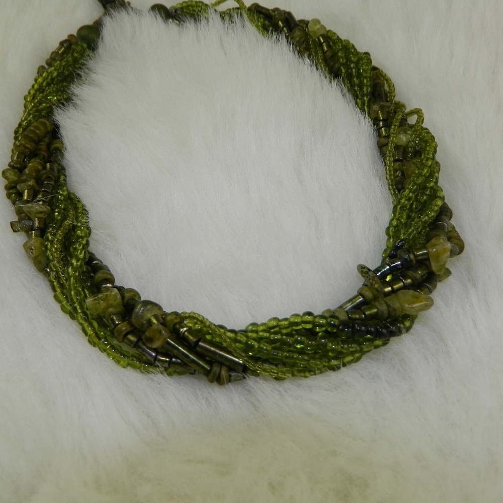 Artisan Multi-Strand Choker Necklace Green Glass Bead Aventurine Boho Statement